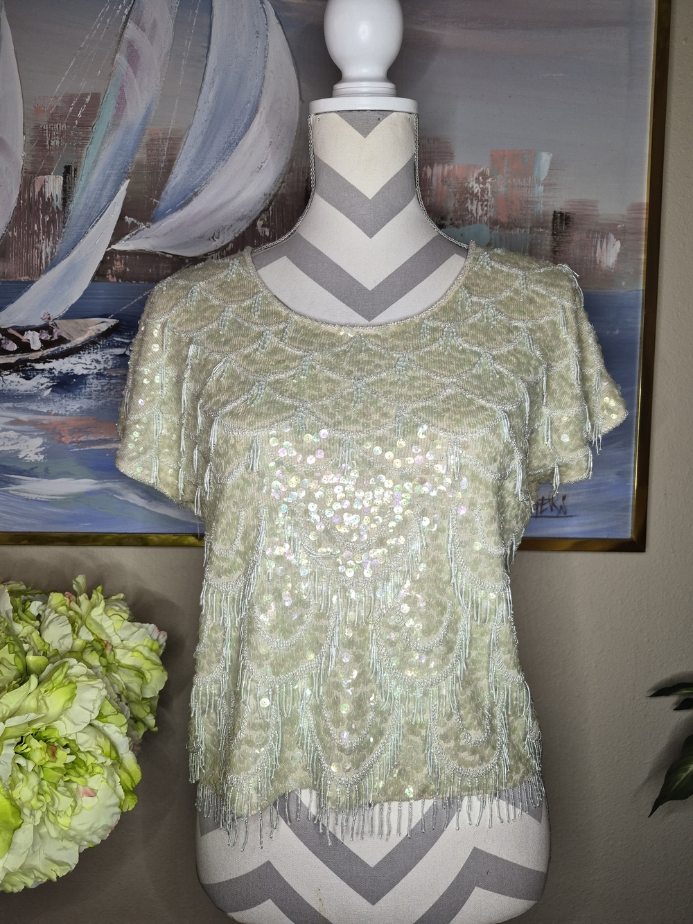 Pale Green Sequin & Fringe Short Sleeve Top